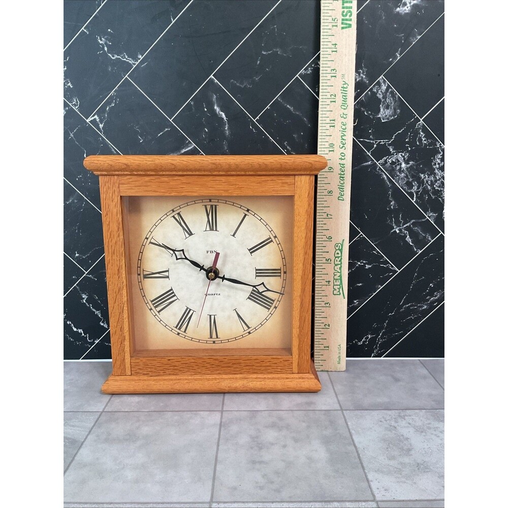 FNB Quartz Oak Wood Mantle Clock 9” Long X 9.75”Tall Keeps Great Time